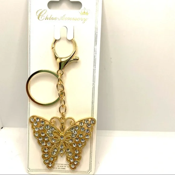 Purse Charm Keychain Butterfly Clear Crystals set in golden tone!