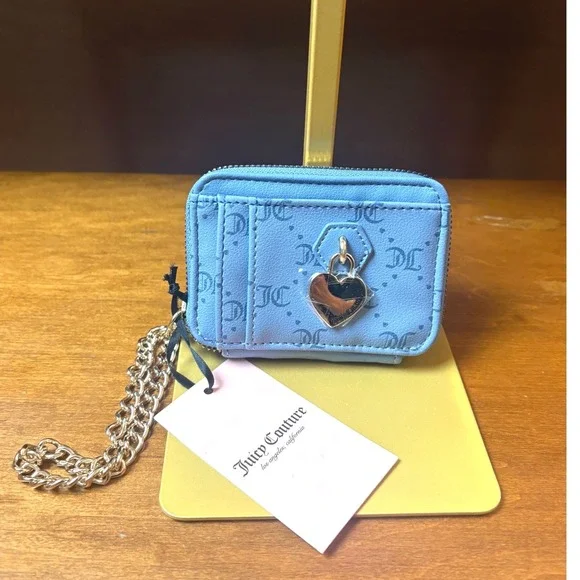 Juicy Couture Blue Monogram Zip Card Case Coin‎ Purse Heart Charm Wristlet
