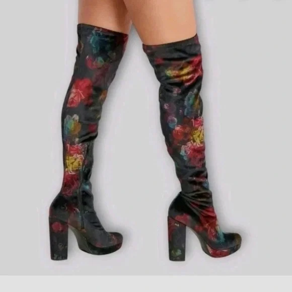 Madden Girl Groopie Black Velvet Floral Over-the-Knee Platform Boots