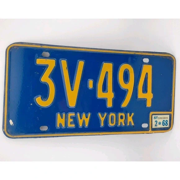 Vintage New‎ York 1968 Auto License Plate 3V-494