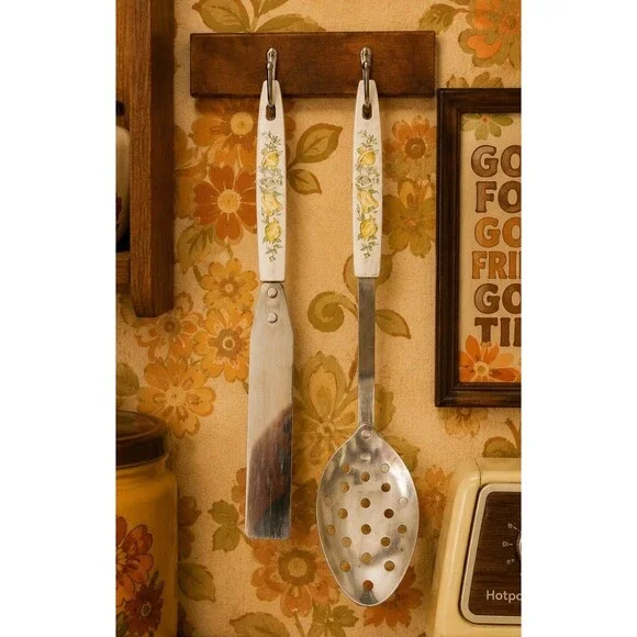 Vintage Floral Handle Slotted Spoon & Spreader Set Stainless Steel USA Mushroom