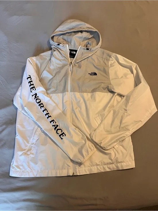 The North Face Men's Hooded Windbreaker Jacket - White and Light Gray