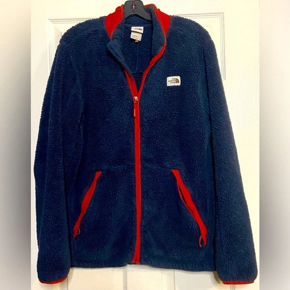 The North Face Mens Cabin Fleece Full-Zip Jacket Navy & Red Sz Large