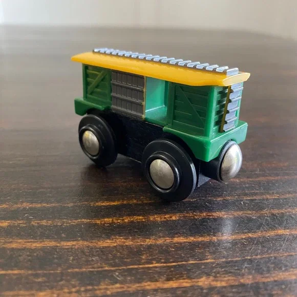 Green Wooden Railway Boxcar Magnetic Cargo Train Car Yellow Roof Toy