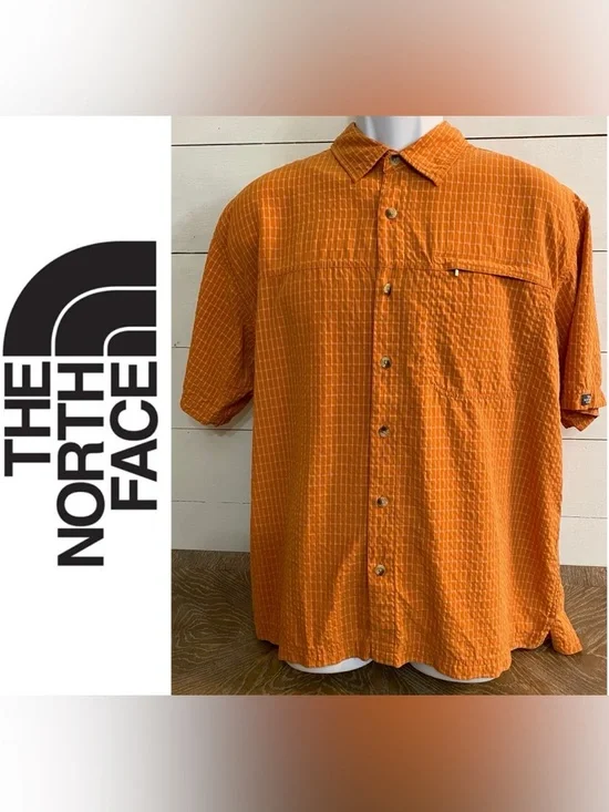 The North Face Men’s Sz‎ L Orange Plaid Short Sleeve Button Down