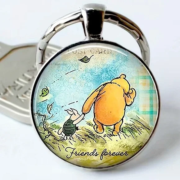 Winnie The Pooh Keychain Friends Forever Round Pendant Keyring Pooh Piglet