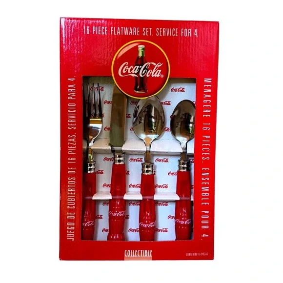 Coca-Cola Flatware Set Red NEW 16 Piece Contour Bottle Service for 4 Unisex VTG