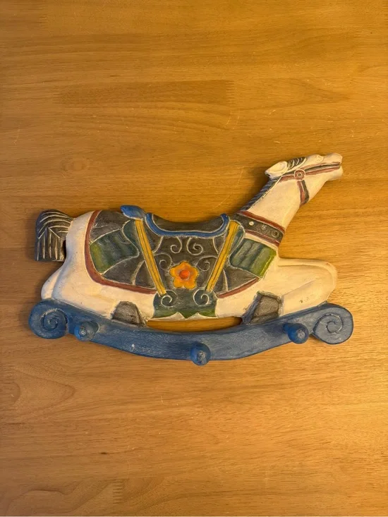 Vintage Rocking Horse Wall Rack Distressed Solid Wood Childs Horse Coat Rack