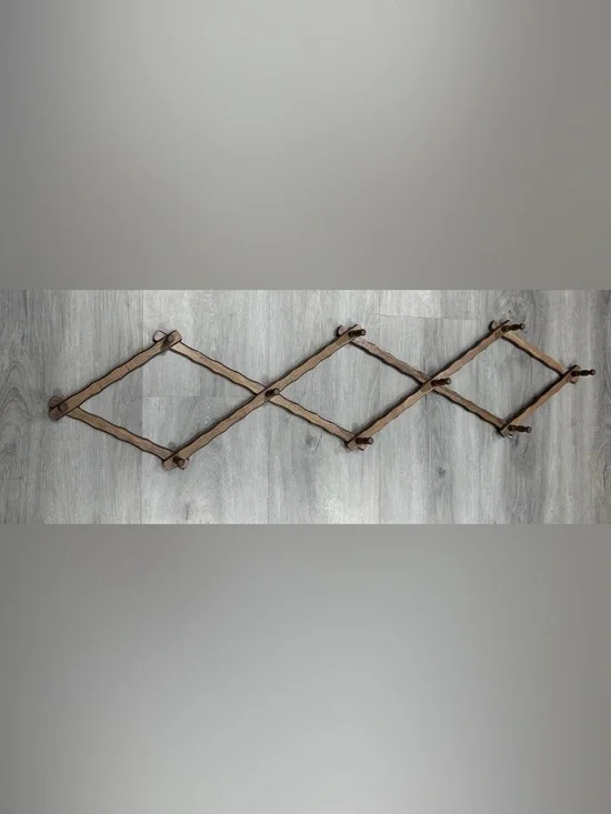 Vintage Dark Wood Accordion Wall Rack - Expandable Peg Rack - 10 Pegs - 50” Max