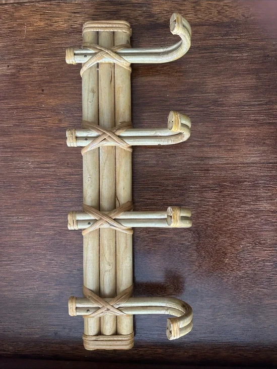 Vintage Natural Rattan Wall Hook Rack in Light Brown