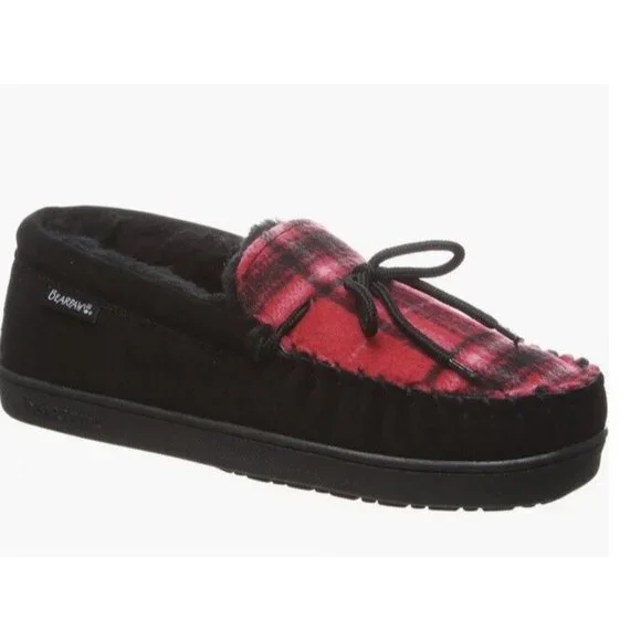 New BEARPAW Men Moc II Black Multi Red Plaid Slip‎ On Slipper Shearling Lined 10