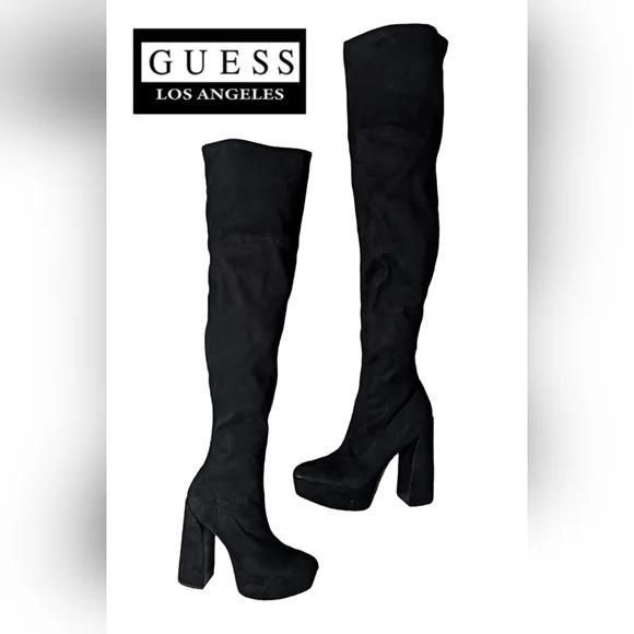 GUESS Cristy Black Faux Suede Thigh High Platform Boots Size 9M