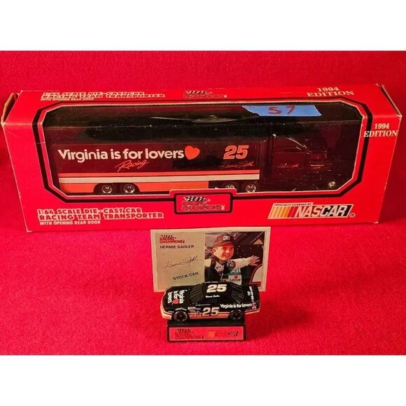 HERMIE SADLER NASCAR TRANSPORTER BUNDLE w/MATCHING STOCKCAR‎ & PLAYER CARD - NIB