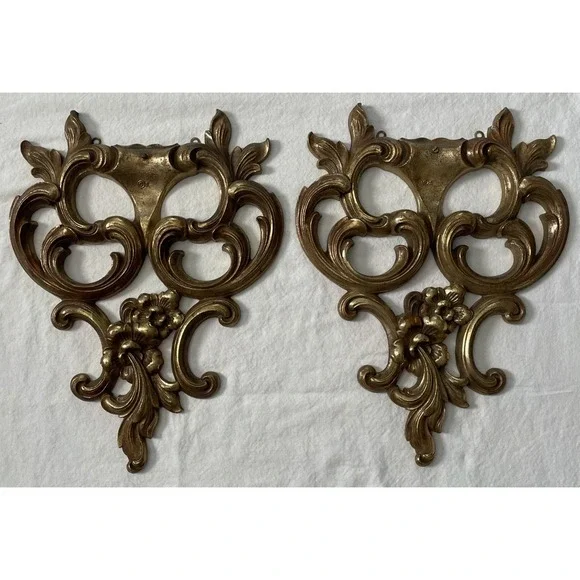 Vintage Syroco decorative Wood Wall Hangings Gold Finish Ornate Design 14