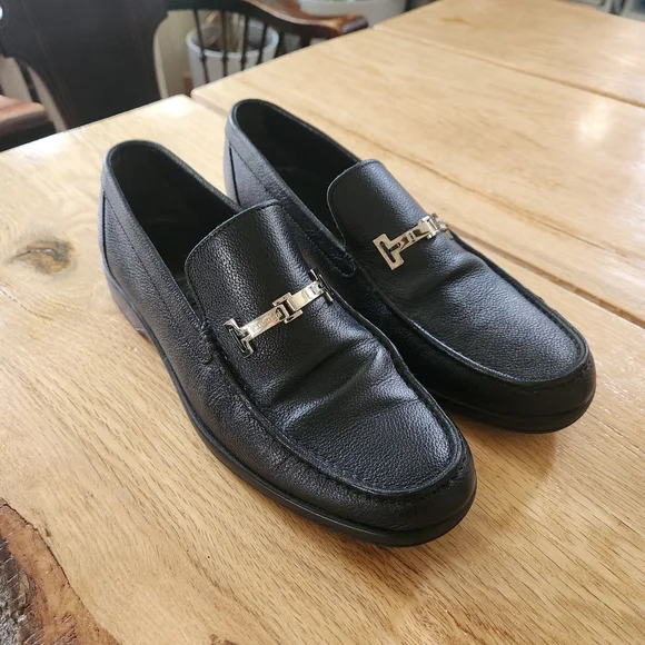 A Testoni Mens Black Loafers Box Pebble Leather Silver Horse Bit Shoes Sz 8‎