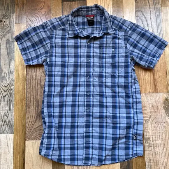 The North Face Plaid Snap Button Shirt Mens S Blue Gray Short Sleeve