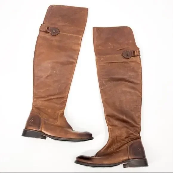 Frye Shirley Over The Knee Riding Foldover Boots distressed Leather Brown 5.5