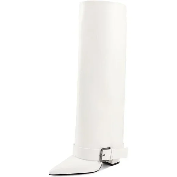 Women's White Suede Knee High Boots Fold Over High Heel Belt Buckle Fall Long