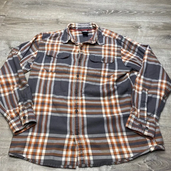 The North Face Button Down Mens L Grey Orange Plaid Flannel Outdoor Shirt