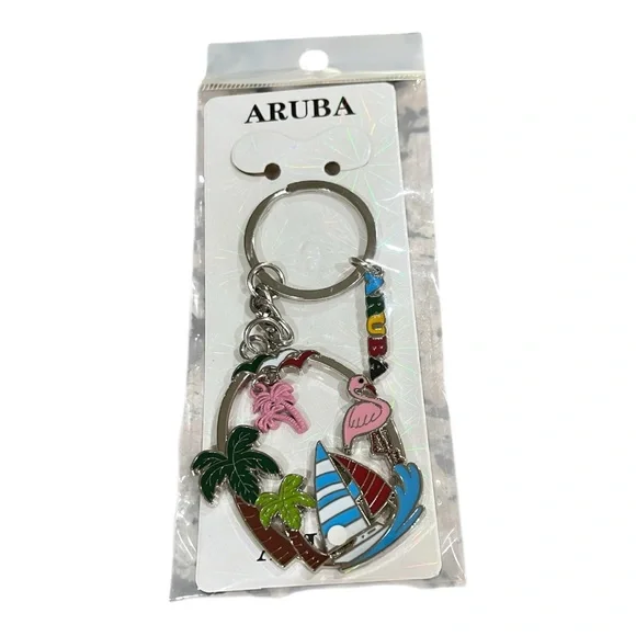Aruba Tropical Keychain with Pink Flamingo and Blue Sailboat