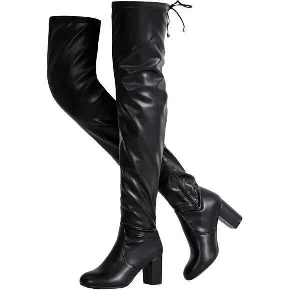 Women's Black Pu Suede Inner Zipper Thigh High Over The Knee High Heel Boots