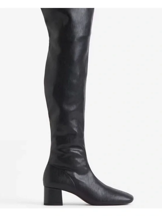 H&M Black Over-the-Knee Leather Boots with Block Heel