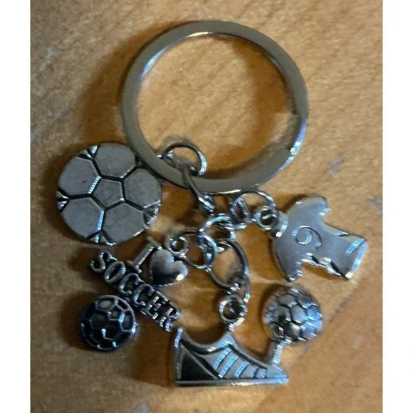 Soccer Ball Keychain Silver Tone w/ Jersey I Love Soccer I‎ Heart Soccer Shoe