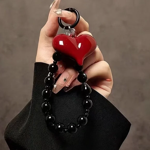 Red Heart Bead Wristlet Keychain - phone lanyard ect
