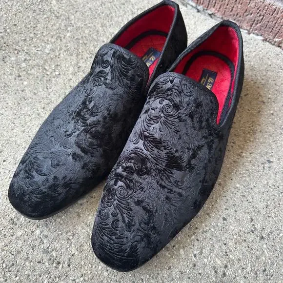 La Milano Black Velvet Brocade Smoking Loafers Broderick II Men's UK Sz 10 US 11