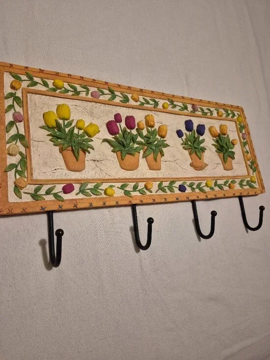 VINTAGE WALL HOOK RACK RAISED 3D POTTED FLOWERS DESIGN