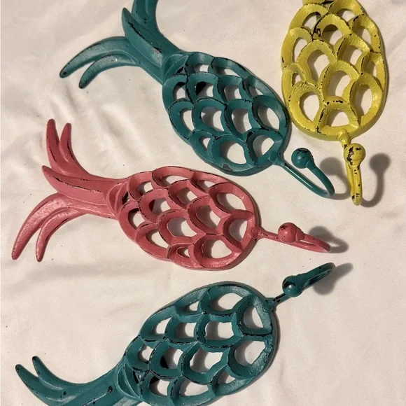 Vintage Cast Iron Tropical Yellow Green And Pink Pineapple Hooks 10”H x 5”W 4pcs