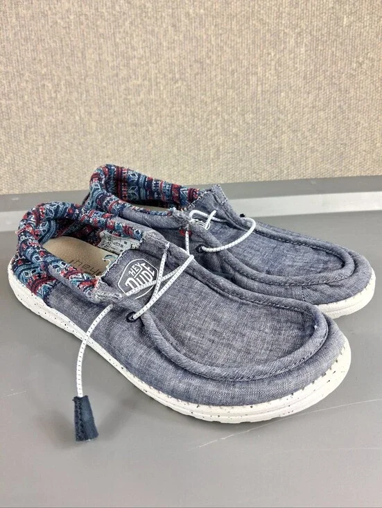 Hey Dude Wally Funk Jacquard Tribe Blue Canvas Slip On Loafers Mens 9 Womens 11