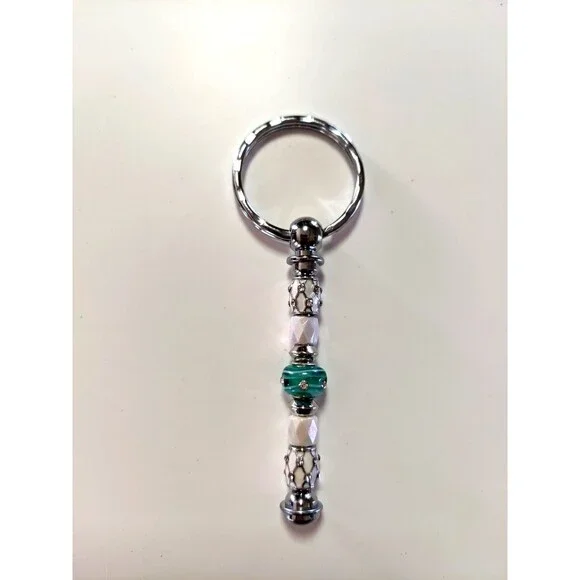 Beaded Keychain, Bag Charm, Accessory - Green, White, Bling, Handmade