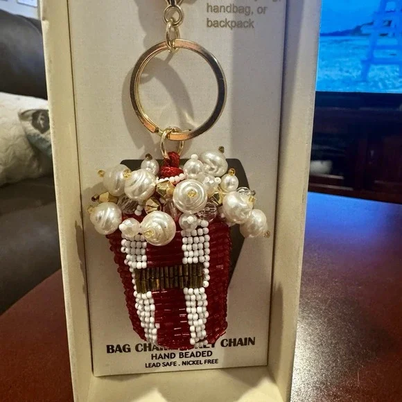Haute Hippie Beaded Popcorn Bag Charm/Key Chain.‎ NWT And Box. Red And White.