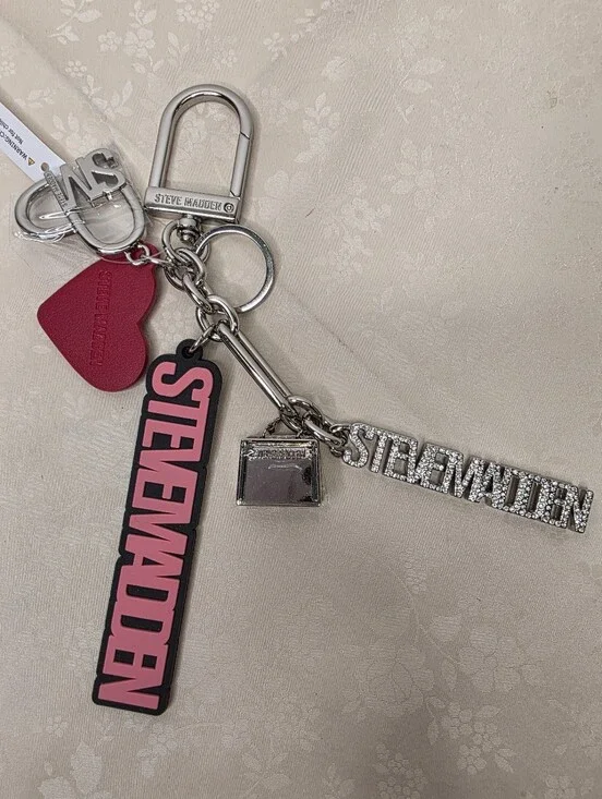 Steve Madden Multi-Charm Bag Clip Keychain | Rhinestone & Pink Logo NEW