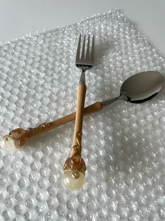 Handmade Wood-Handle Stainless Steel Spoon and Fork Set Decorative Crystal Ends