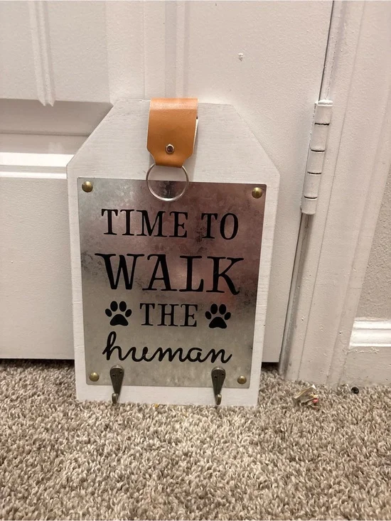 Time to Walk Wall Hook Sign with White Frame and Tan Strap