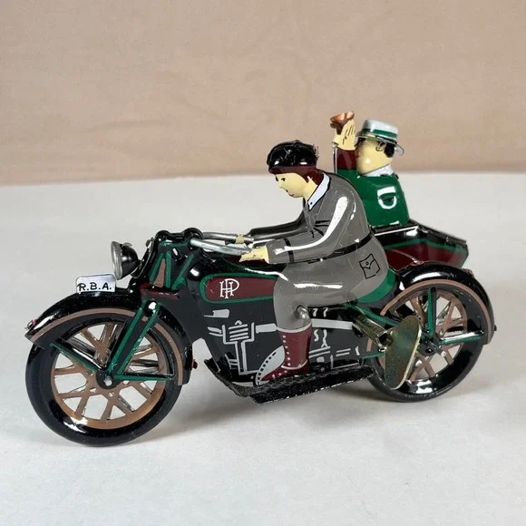 Vintage Tin Wind Up Motorcycle with Sidecar RBA HP Litho Toy Collectible