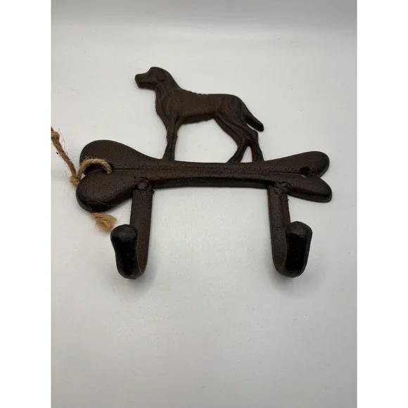 Cast Iron Dog on Bone Wall Hook Rack Rustic Brown Leash Key Holder 2 Hooks