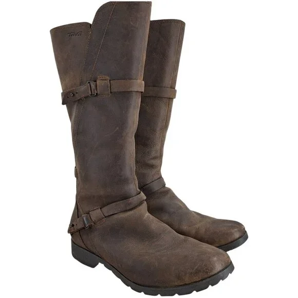 Teva De La Vina Brown Leather Tall Riding Boots Size 8 Distressed Waterproof