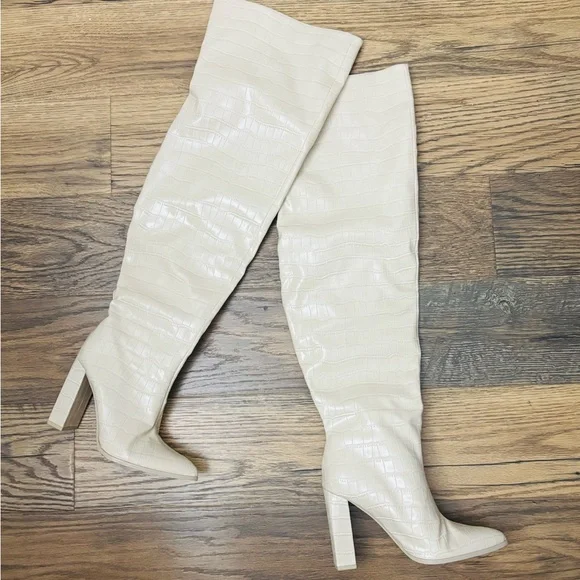 Cream Faux Reptile Over-the-Knee Boots 5
