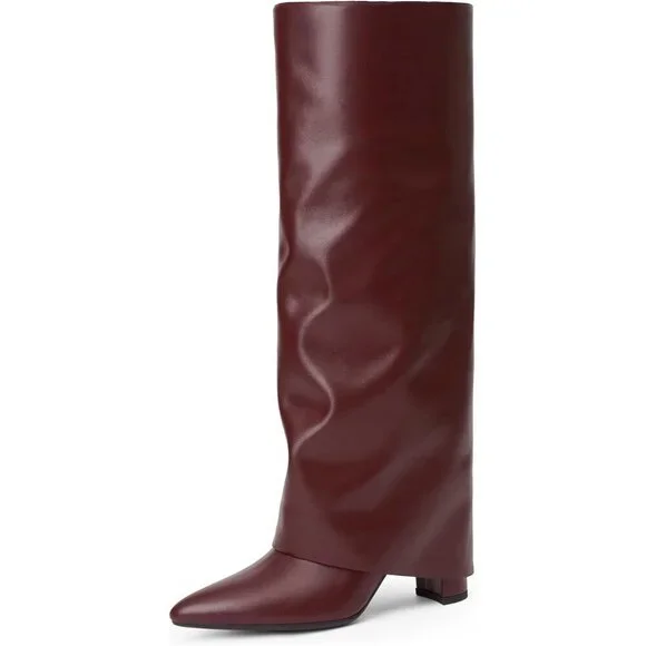 Women Burgundy Pu Faux Leather Fold Over Knee High Chunky High Heels Long Boot