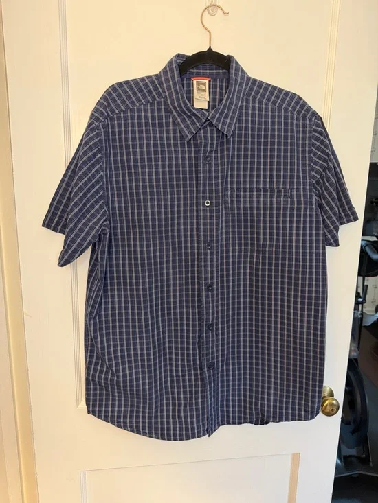 The North Face Men's Plaid Shirt Blue White Short Sleeve 100% Cotton Size L