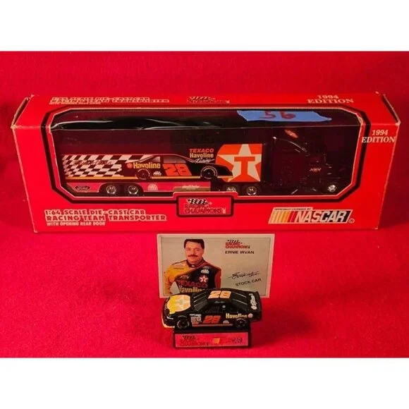 ERNIE IRVAN NASCAR TRANSPORTER BUNDLE w/MATCHING STOCKCAR & PLAYER CARD - NIB 56