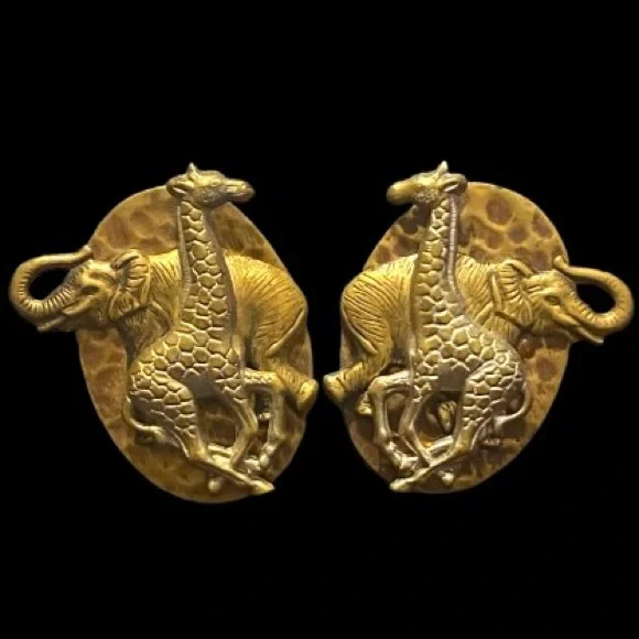 Vintage 3D Raised Safari-themed Metal Pierced Earrings Giraffe & Elephant Brass