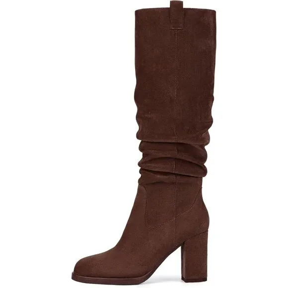 Women's Chocolate Tall Chunky High Heel Side Zipper Knee High Boots With Party