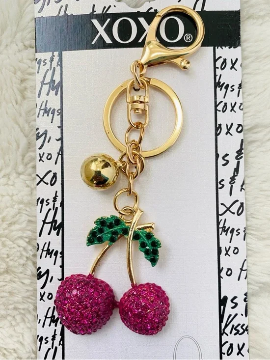 XOXO Cherry Crystal Gold Pink & Green Keychain Bag Purse Charm