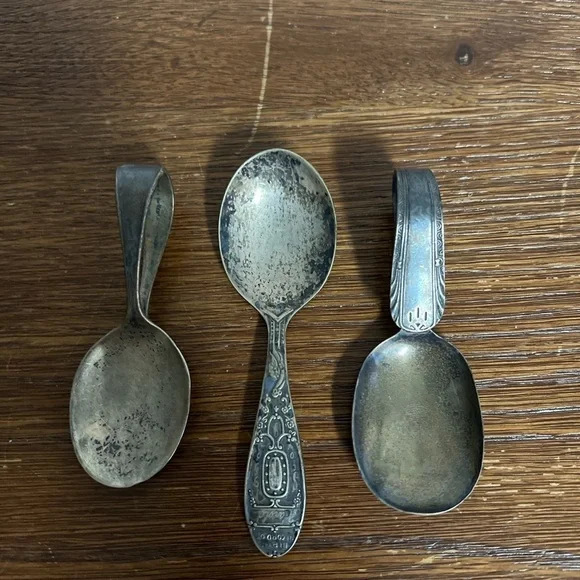 Set of 3 Vintage Silver Baby Spoons – Bent Handle & Ornate Designs