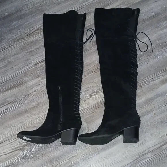 ALDO Bresa suede black over the knee lace laced back block heel boots  Sz 6.5