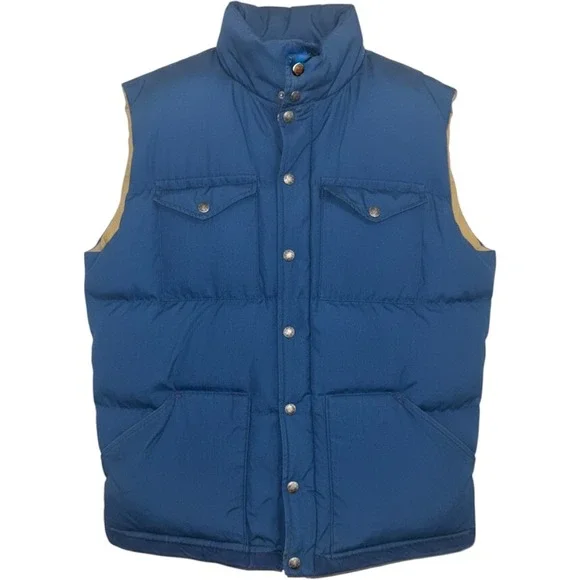 The North Face Puffer Vest M Blue Vintage Brown Label Made in USA Down Filled
